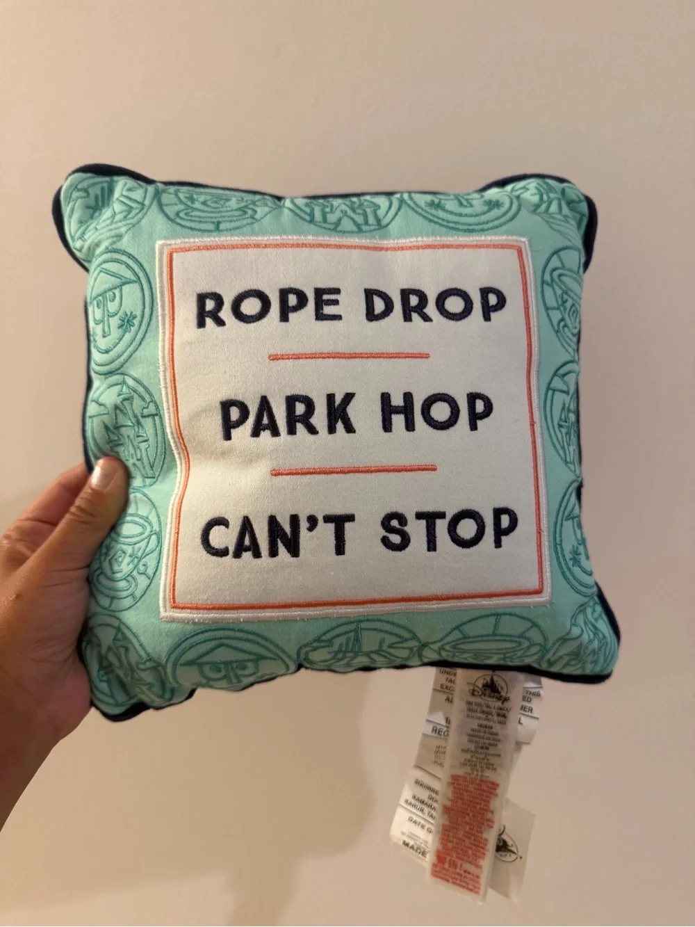 Disney parks Rope Drop Park Hop Can't Stop Decorative Pillow - Aqua